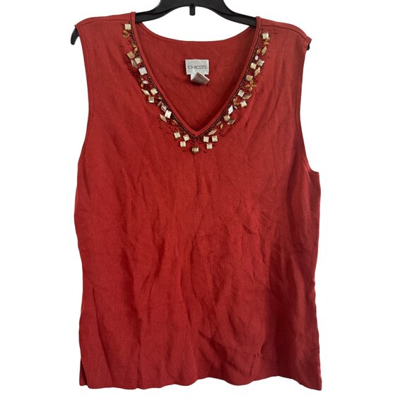 Chicos Embellished Sleeveless Womens Size 2 Rayon/Nylon Red Beaded Tank Top - Picture 1 of 3